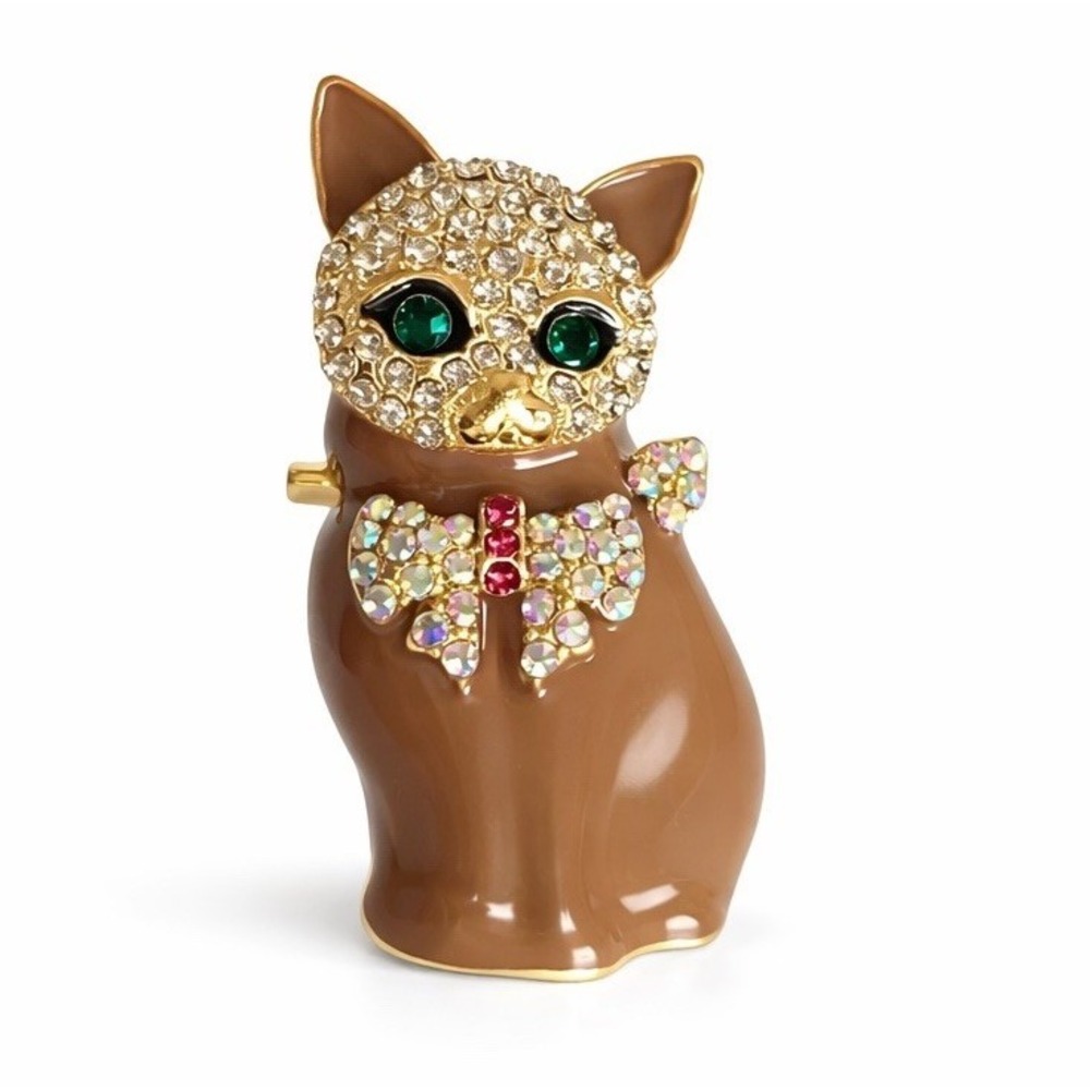 Rhinestone Cat Metal Brooch Brown Enamel Gold Tone Green Eyes Pin 1.5"